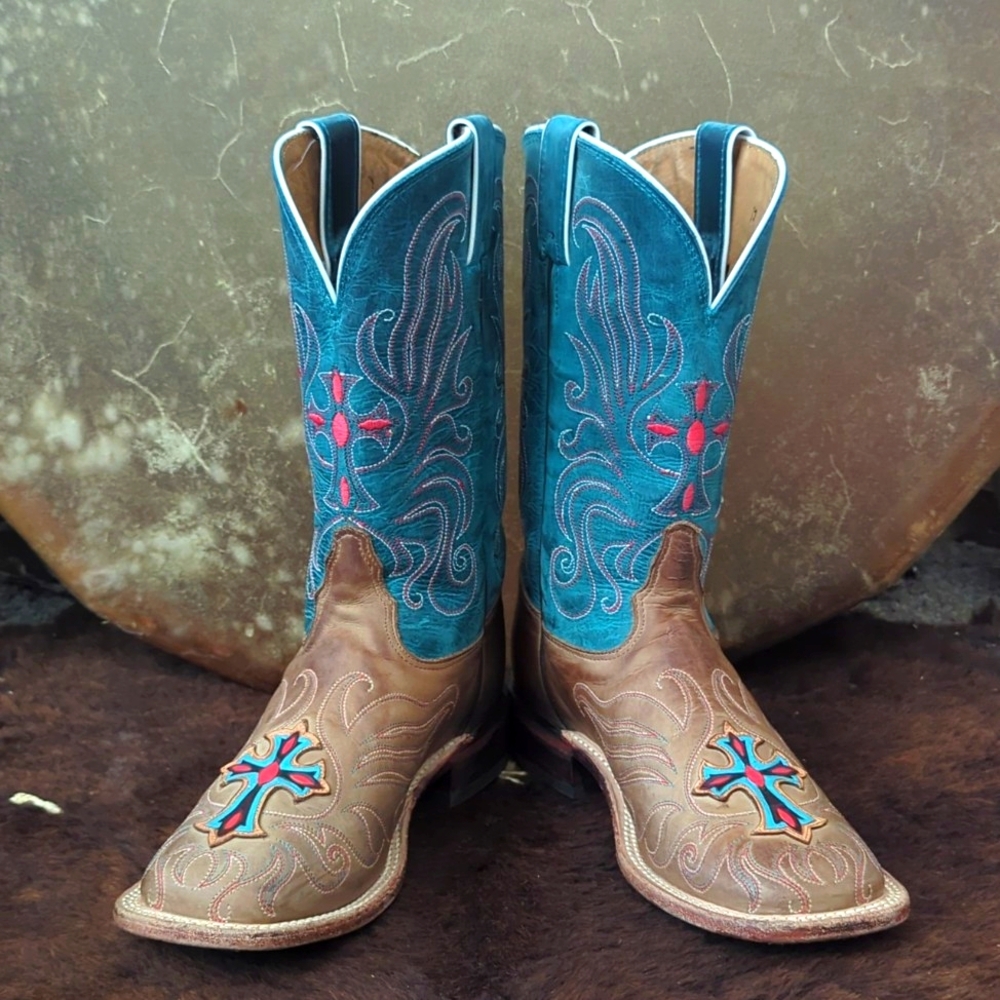 TONY LAMA ladies style#7931L "tan vintage cow cross" teal/brown cowboy boots 6.5 - Picture 12 of 16